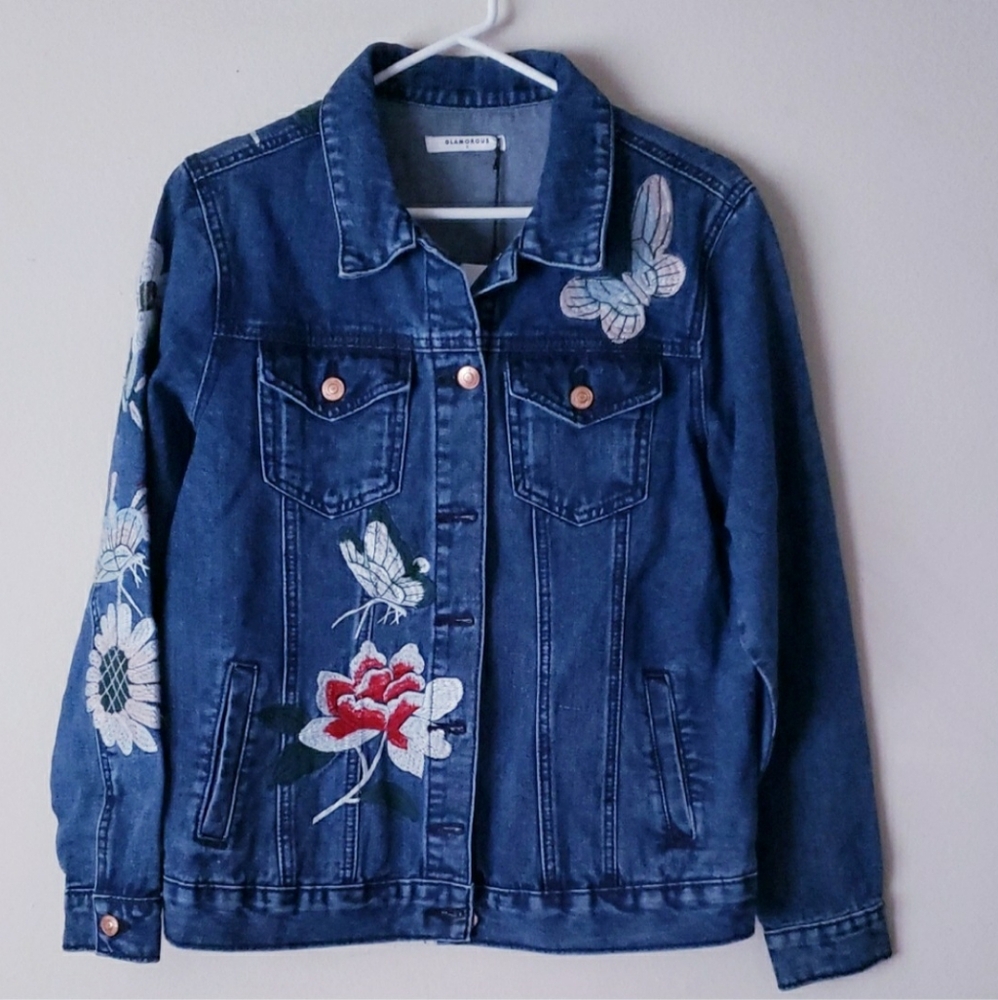 Glamorous Blue Denim Jacket with Floral & Butterfly Embroidery